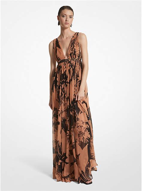 Shadow Floral Silk Chiffon Empire Goddess Gown 